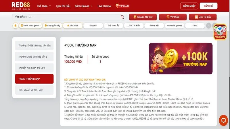 Khuyến mãi Red88 tặng thêm 100k khi nạp tối thiểu 300k vào tài khoản Khuyến mãi Red88 tặng thêm 100k khi nạp tối thiểu 300k vào tài khoản